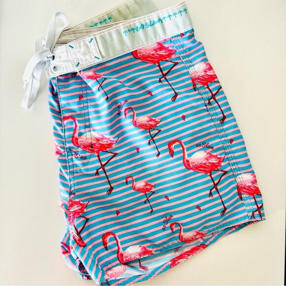 MENS 69 SLAM Blue White Striped Flamingo Print Swimsuit Swim Trunks Shorts 34 L - Picture 6 of 9